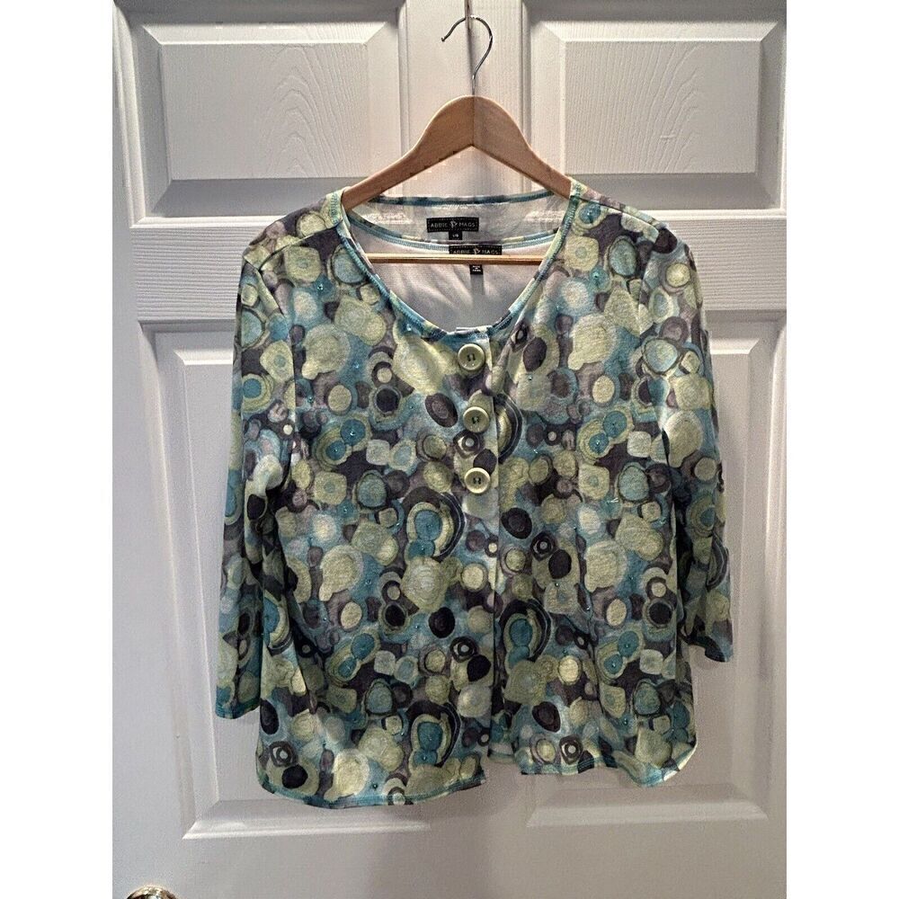 ABBIE MAGS Women’s Twin Set Cardigan & Tank Geometric Green Blue Gray Large